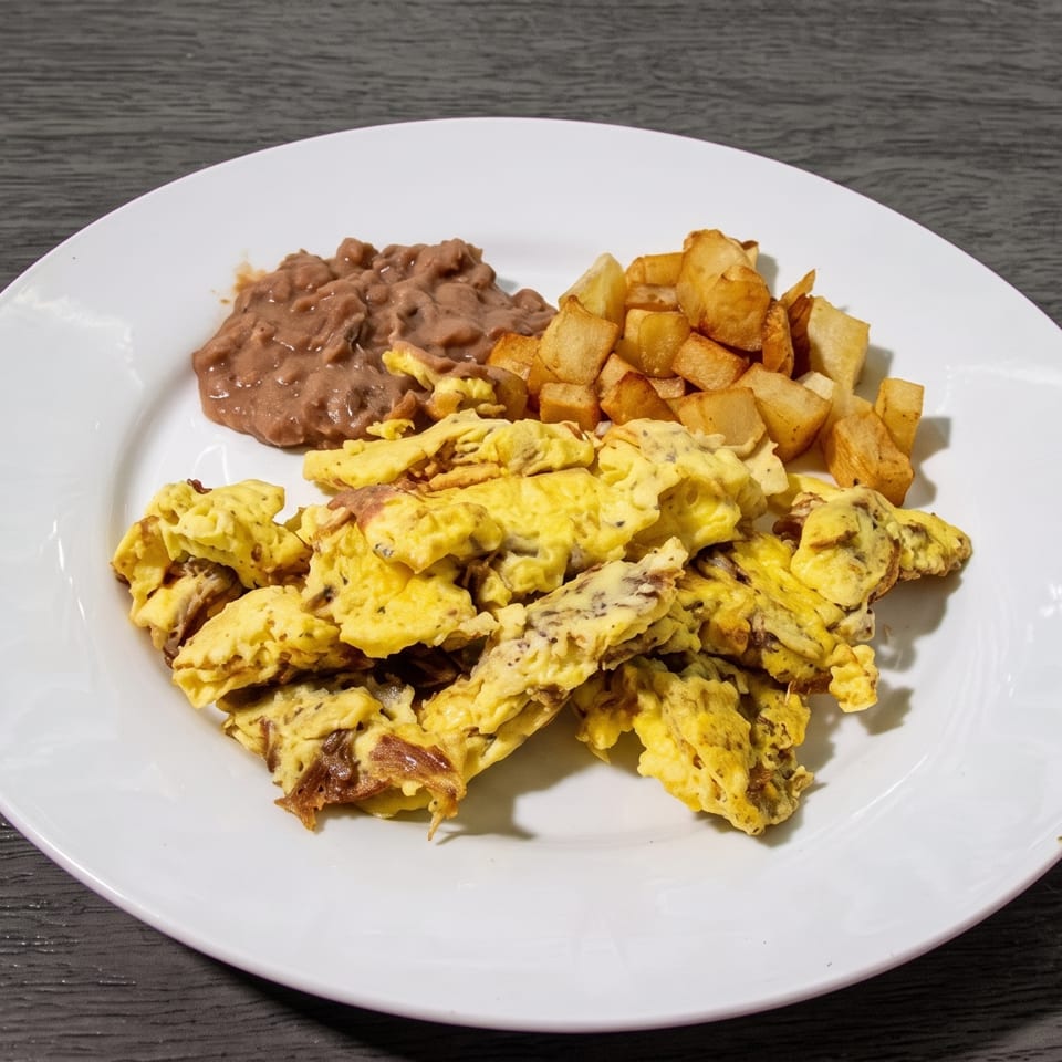 Scrambled eggs with refried beans and diced potatoes on a white plate.