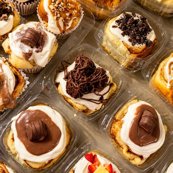 Assortment of gourmet cinnamon rolls with various toppings in individual plastic containers.
