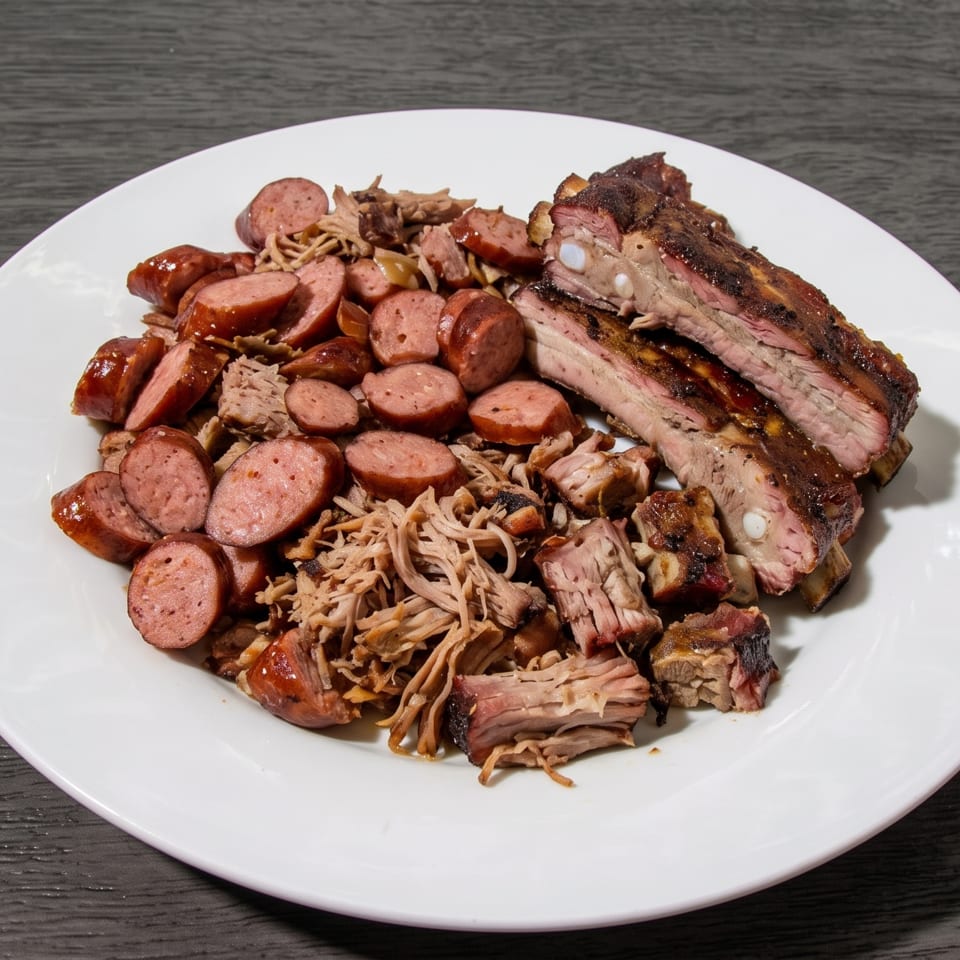 A white plate piled high with sliced sausage, pulled pork, and two racks of ribs.