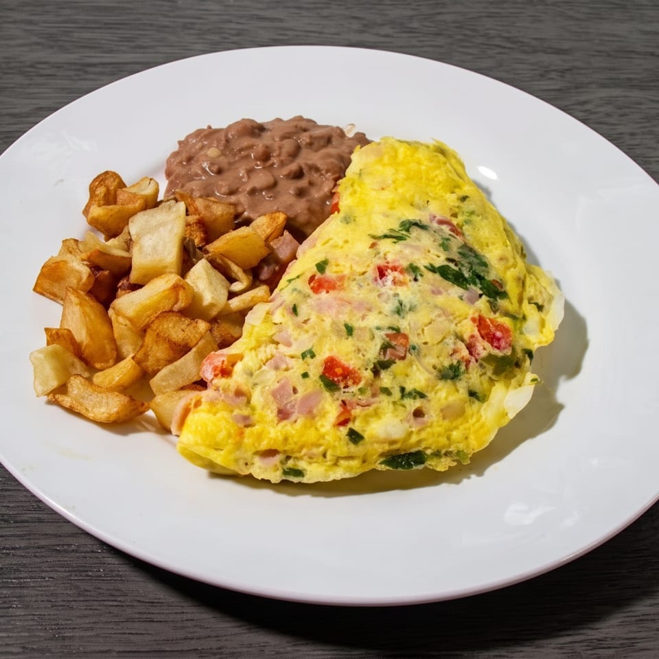Breakfast plate with a colorful omelet, crispy home fries, and a side of refried beans.